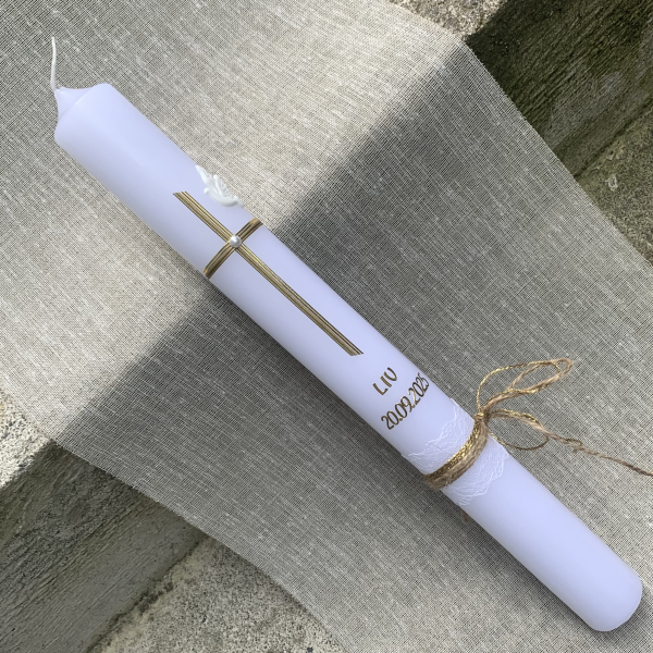 Personalisierte Taufkerze Kommunionskerze weiß creme gold 25x6 cm 25x7 cm 40x4 cm klassisch Kreuz vintage edel & schlicht